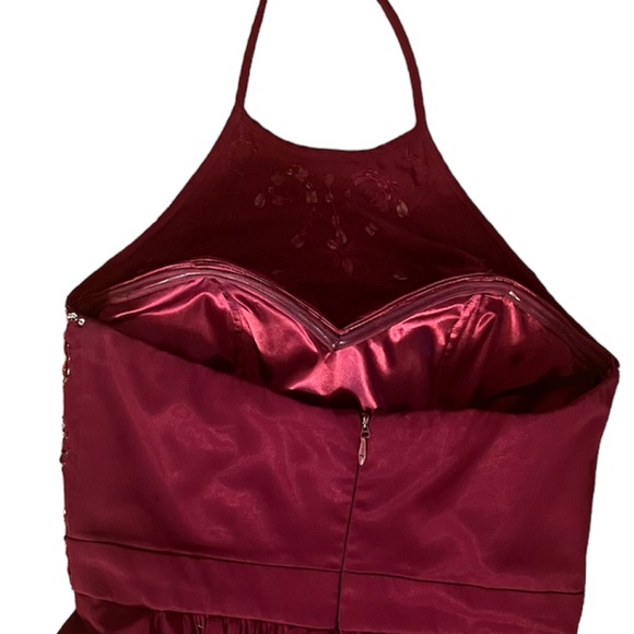 Bee Darlin Formal Burgundy Beaded Halter Prom Dress - Picture 7 of 8